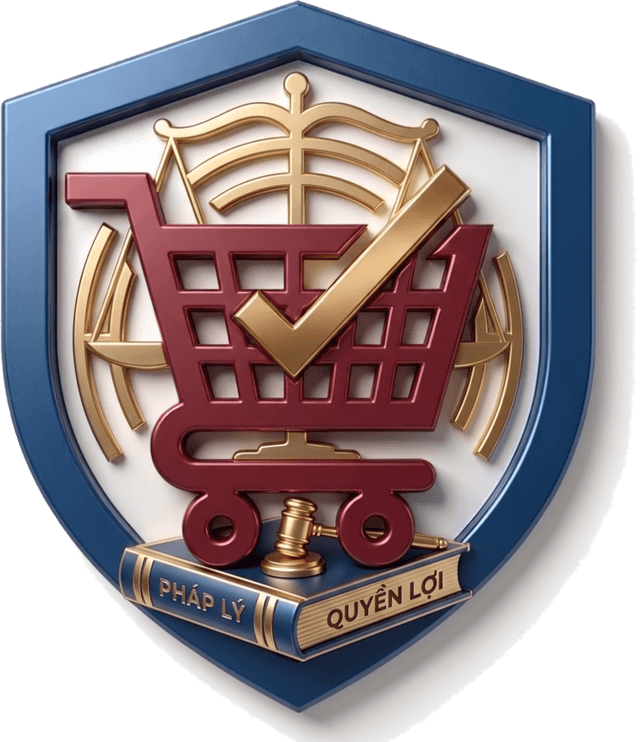 Logo Luật Thương mại điện tử: khiên bảo vệ, xe hàng, cân công lý